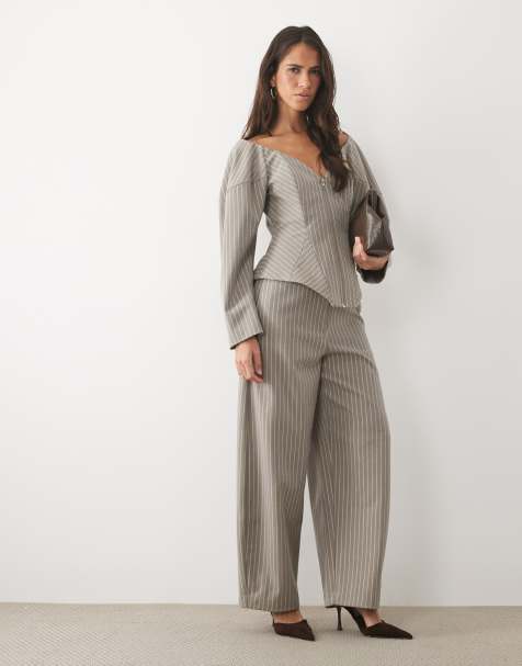 ASOS LUXE zip front bonded corset tailored top and barrel trouser co-ord in grey stripe - view 1