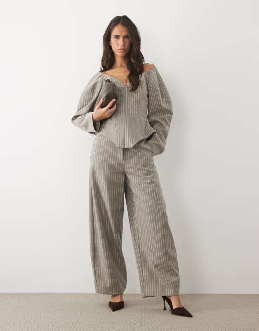 ASOS LUXE zip front bonded corset tailored top set in gray stripe, 2 of 4