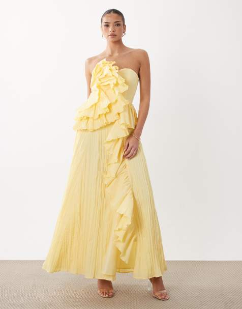 ASOS Luxe – Żółta plisowana sukienki maxi bez ramiączek - view 1
