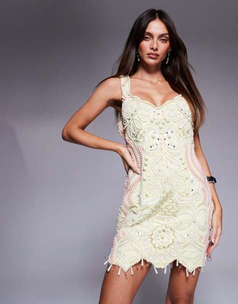 ASOS LUXE pearl encrusted mini dress in pink and yellow
