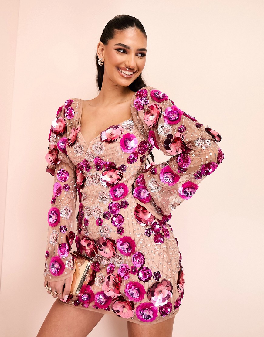 ASOS LUXE3D floral embellished puff sleeve mini dress in pink