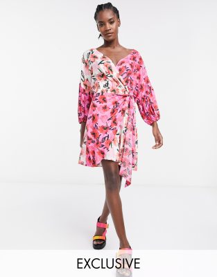 Asos Made In Kenya Mix Print Wrap Mini Dress-pink