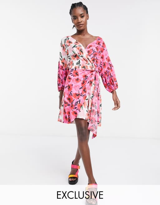 Mixed print outlet wrap dress