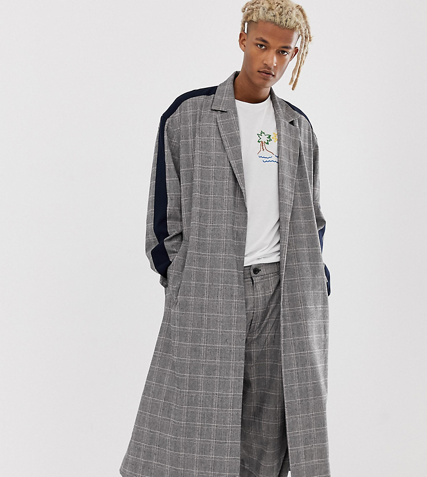 ASOS MADE IN KENYA check duster overcoat with side stripe-Grey