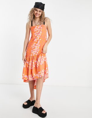 ASOS MADE IN KENYA midi dress with drop hem in coral animal print