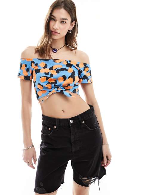 ASOS MADE IN KENYA off shoulder front tie T-shirt in multicolored animal print