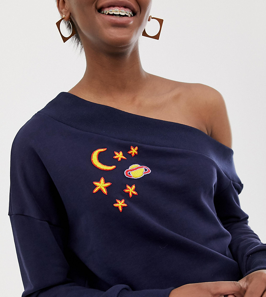 ASOS MADE IN KENYA off shoulder sweat top with embroidery detail-Navy