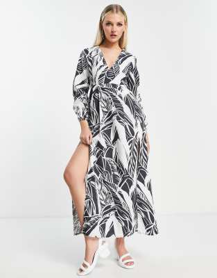 Kenya palm print maxi dress in black and white-Pink