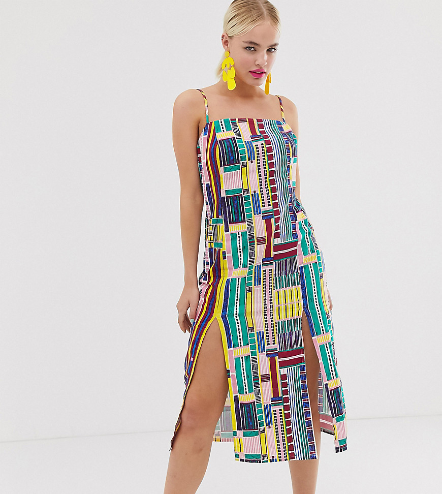 ASOS MADE IN KENYA – Rutig klänning med smala axelband och slitsar-Flerfärgad