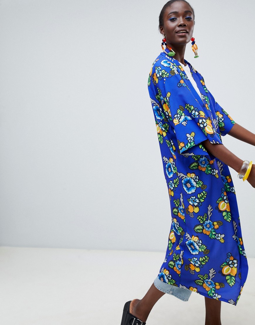 ASOS Made In Kenya x Julie Adenuga – Blå, blommig kimono i longline-modell-Flerfärgad