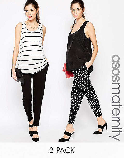 ASOS Maternity 2 Pack Jersey Peg Trousers in Plain Black and Spot Print SAVE 25%
