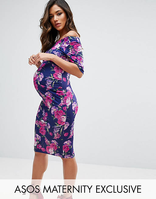 ASOS Maternity Bardot Dress With Half Sleeve in Garden Floral Print | ASOS