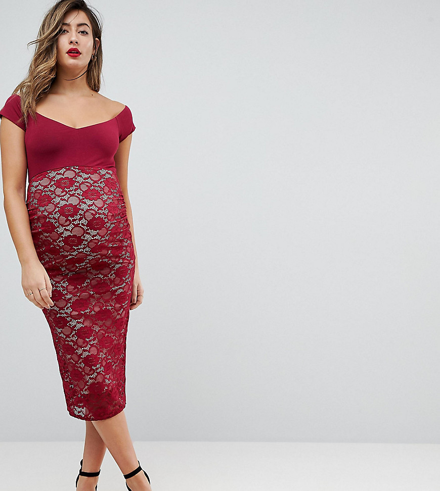 ASOS MATERNITY – Bodycon-spetsklänning i midimodell med singoallaringning-Röd