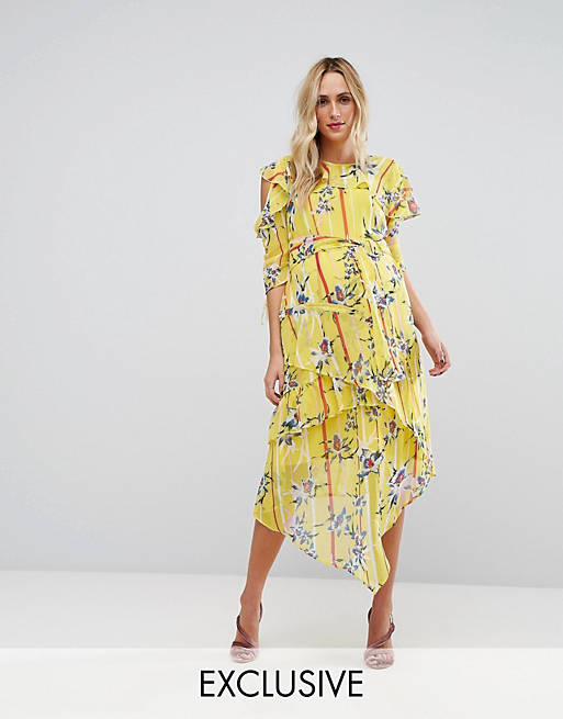 ASOS Maternity Cold Shoulder midi dress with Ring Detail in Yellow Floral Print