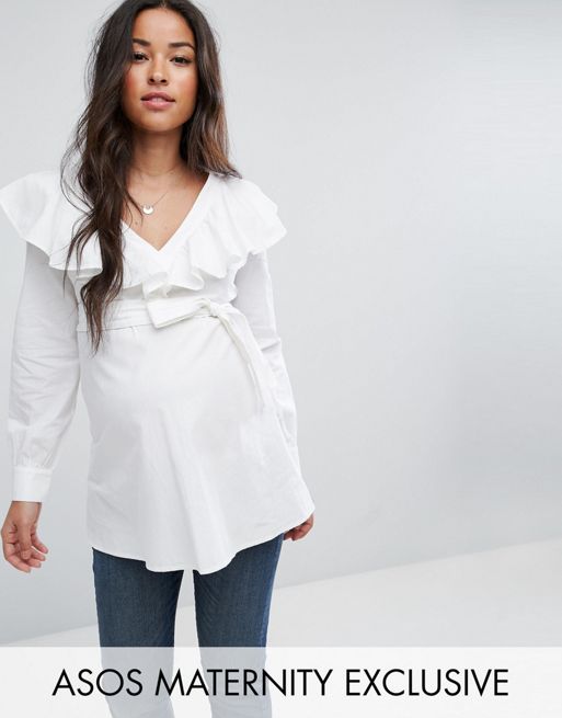Image result for ASOS Maternity Cotton Blouse With Ruffle Front & Tie Waist Long Sleeves
