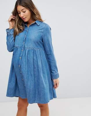 ASOS MATERNITY Denim Smock Shirt Dress in Midwash Blue