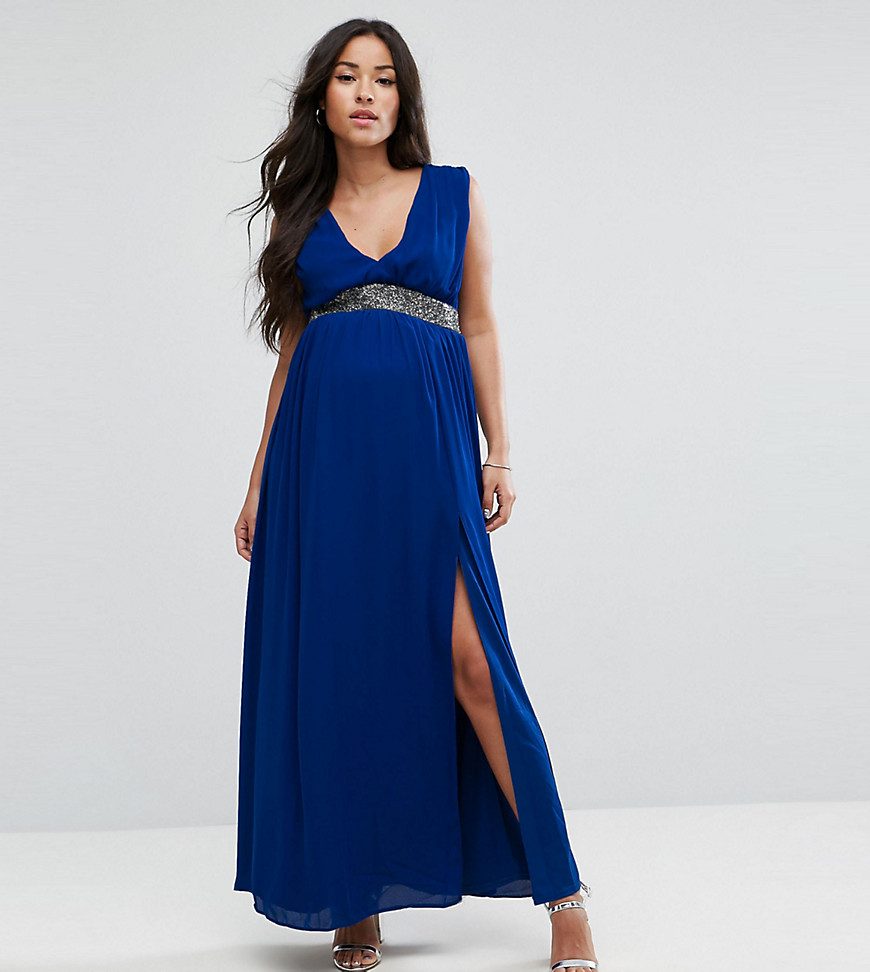 ASOS Maternity Embellished Waist Strap Back Maxi Dress-Blue