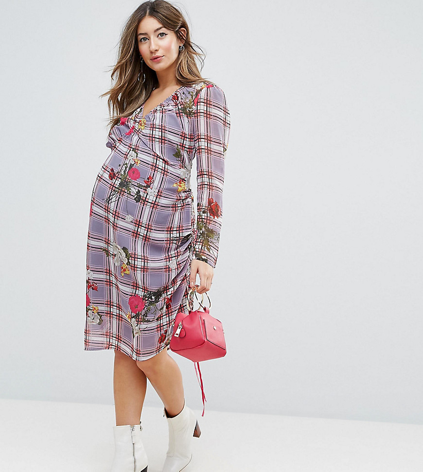 ASOS Maternity Floral and Check Midi Dress with Tie Side Channelling Detail-Multi