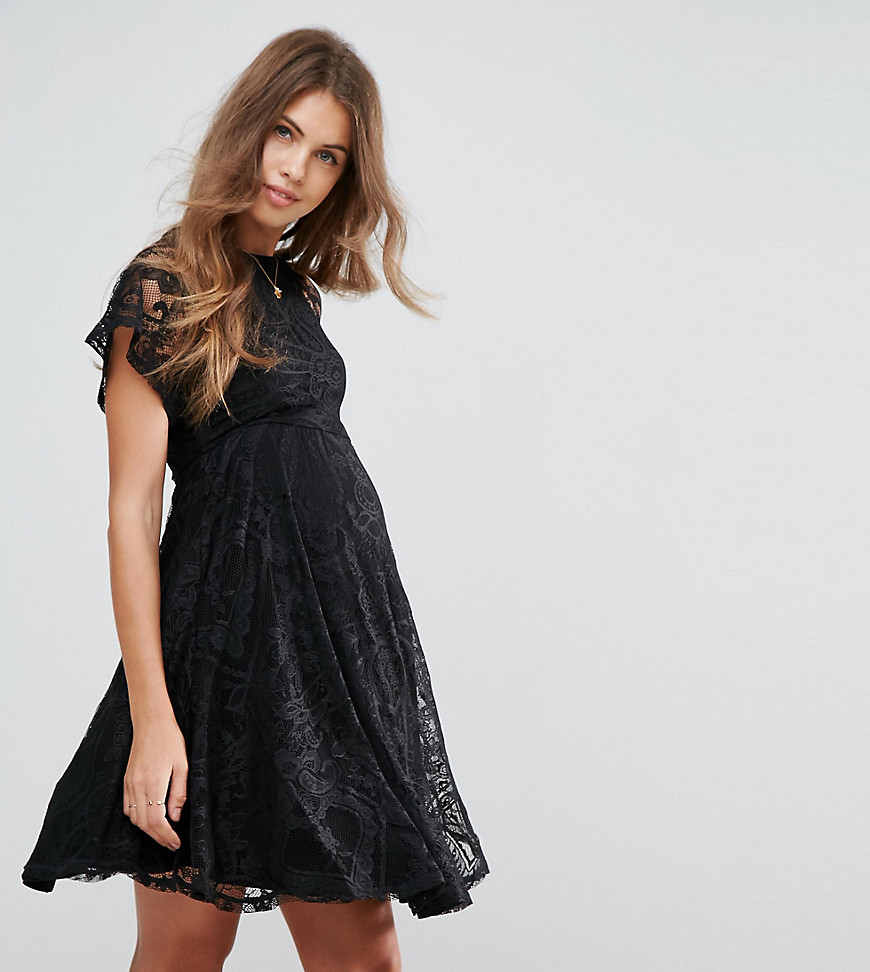 ASOS Maternity Flutter Sleeve Lace Skater Dress-Black