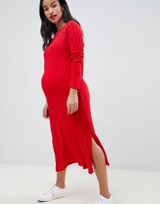 ASOS Maternity - Midi-jurk met geplooide brede ribbels-Rood