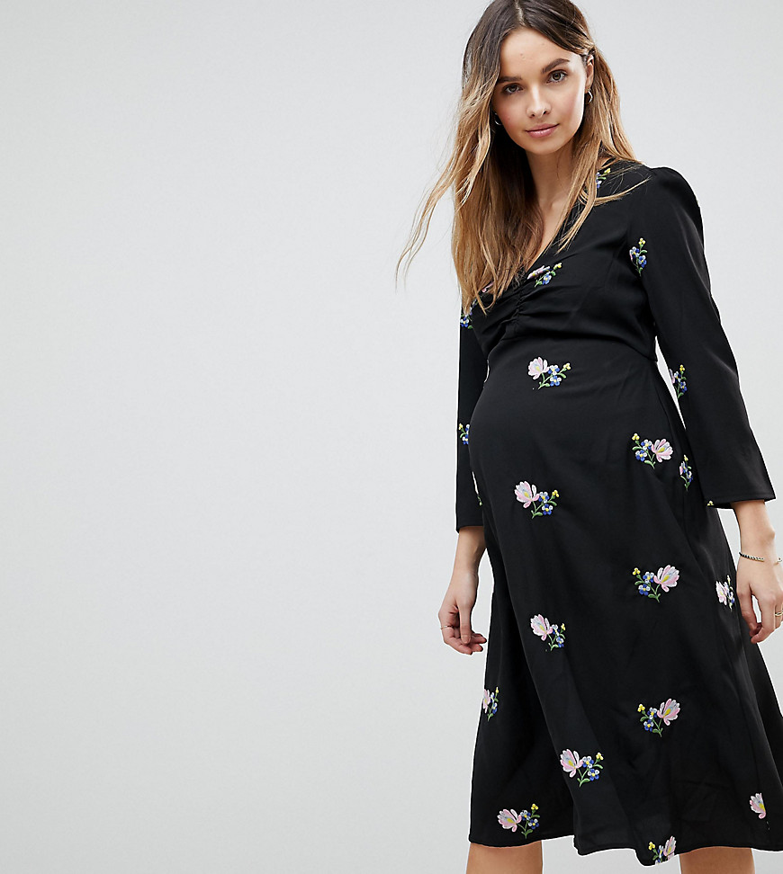 ASOS Maternity - Midi-kokerjurk met geborduurde bloemen-Zwart