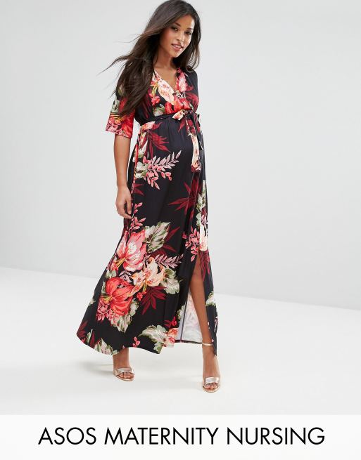 ASOS Maternity NURSING Wrap Maxi Dress In Dark Floral