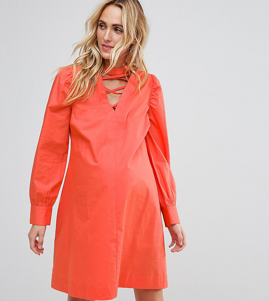 ASOS Maternity PETITE Tie Waist mini dress with Lattice Front-Orange