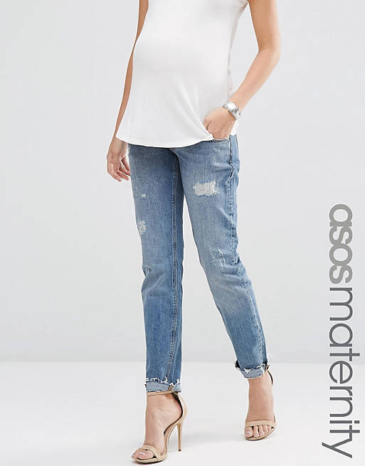 ASOS Maternity Portland Loose Boyfriend Jeans With Embroidery and Rip and Repair With Under The Bump Waistband