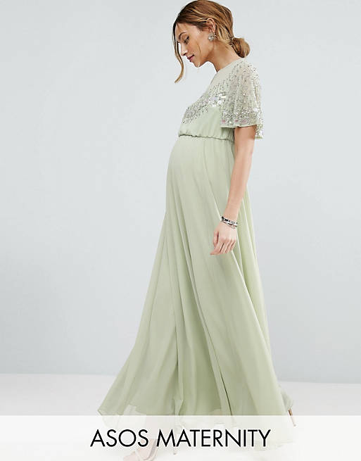 ASOS Maternity Pretty Embellished Flutter Sleeve Maxi Dress | ASOS