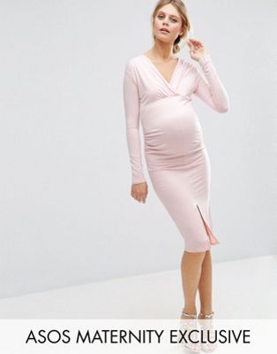ASOS Maternity Ruched Midi Dress With Long Sleeves And Split | ASOS