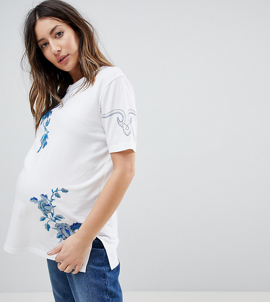 ASOS Maternity – T-shirt med blombroderi-Vit