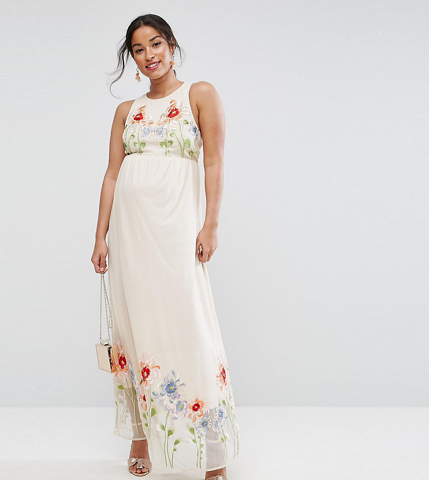 ASOS Maternity TALL Embroidery Mesh Maxi Dress-Pink