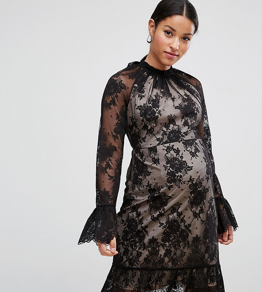 ASOS Maternity TALL High Neck Open Back Lace Mini Dress-Black