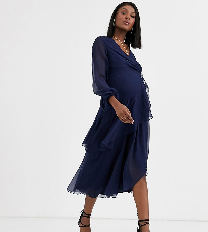 ASOS Maternity wrap waist midi dress with double layer skirt and long sleeve-Multi