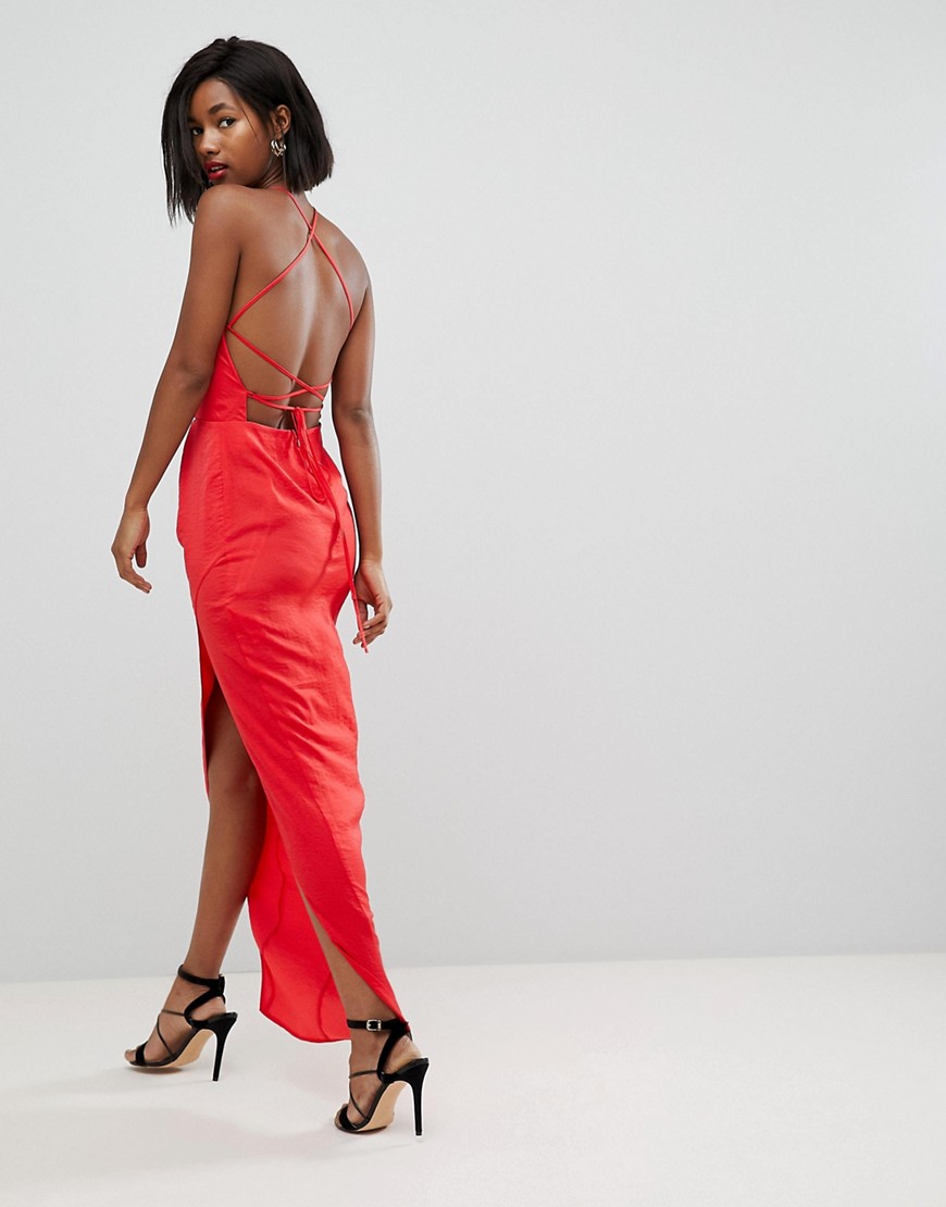 ASOS - Maxi-jurk van gehamerd satijn met vetersluiting op de rug-Rood