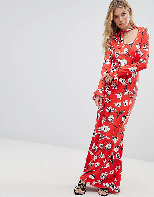 ASOS Maxi Tea Dress With Neck Tie In Red Floral