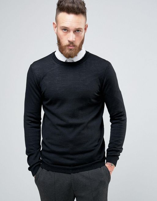ASOS Merino Wool Crew Neck Sweater in Black | ASOS