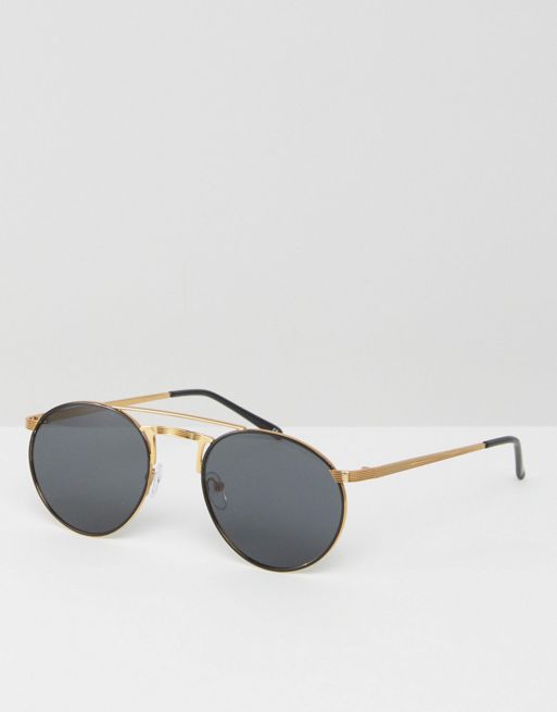 Asos Metal 90s Round Sunglasses With Flat Lens And Contrast Gold Metal Work Asos 