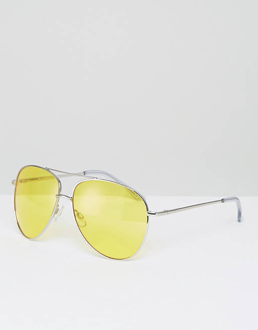 ASOS Metal Aviator Sunglasses In Silver With Yellow Colored Lens And Top Bar