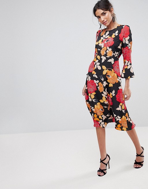 ASOS Midi Dress with Fluted Sleeve in Dark Floral | ASOS