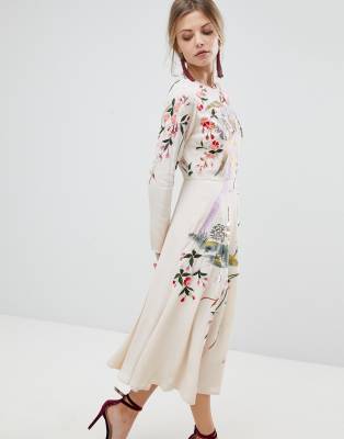 asos design midi dress with pretty floral and bird embroidery