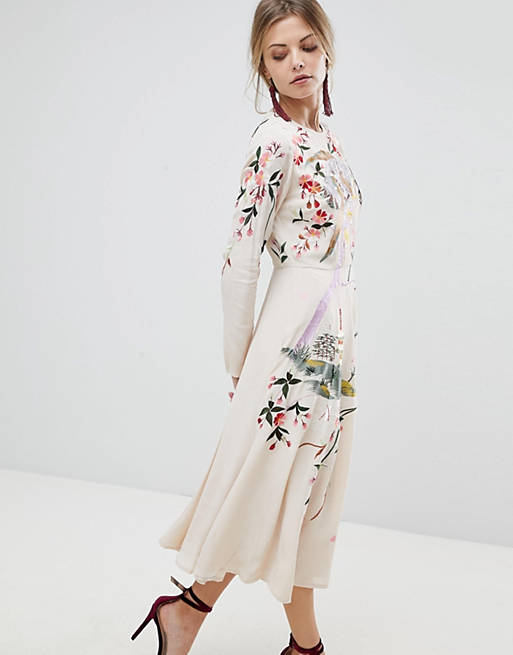ASOS Midi Dress with Pretty Floral and Bird Embroidery