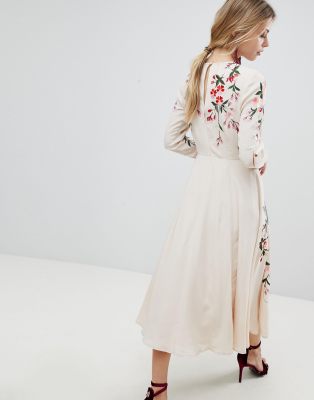 asos design midi dress with pretty floral and bird embroidery