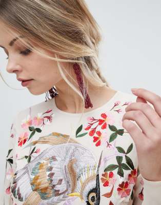 asos design midi dress with pretty floral and bird embroidery