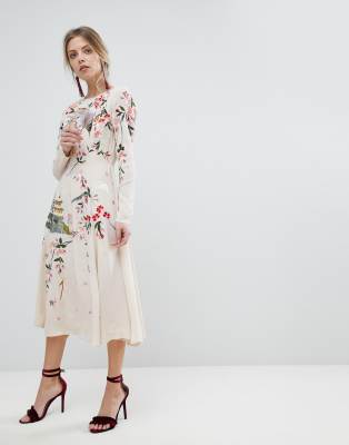 asos design midi dress with pretty floral and bird embroidery