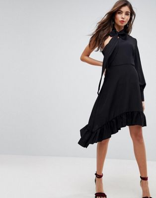 ASOS - Midi-jurk met één mouw en sjaalstik om de hals-Zwart