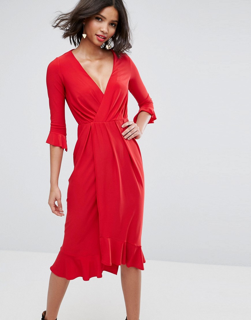 ASOS - Midi-jurk met overslag en ruches-Rood