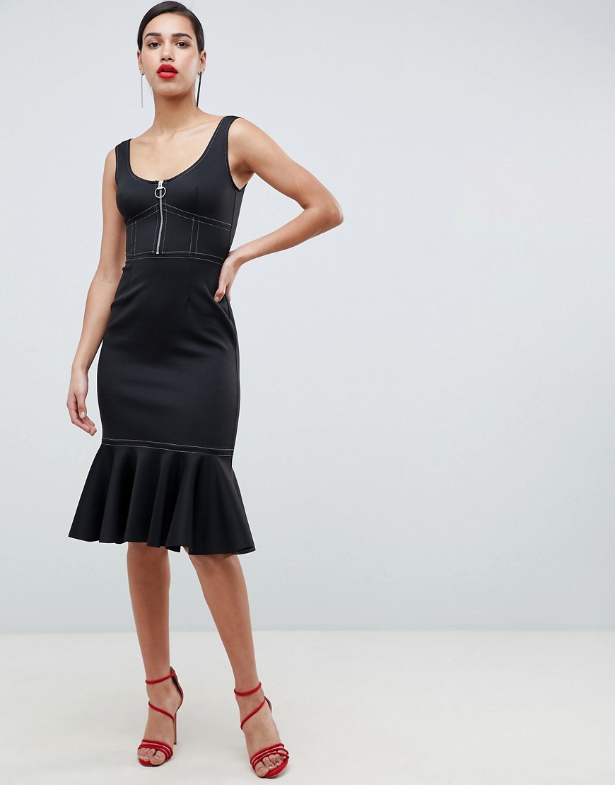 ASOS Midi Pencil Dress With Contrast Stitch Detail and Pep Hem-Black
