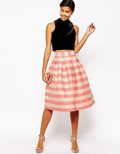 ASOS Midi Prom Skirt in Pink and Nude Stripe