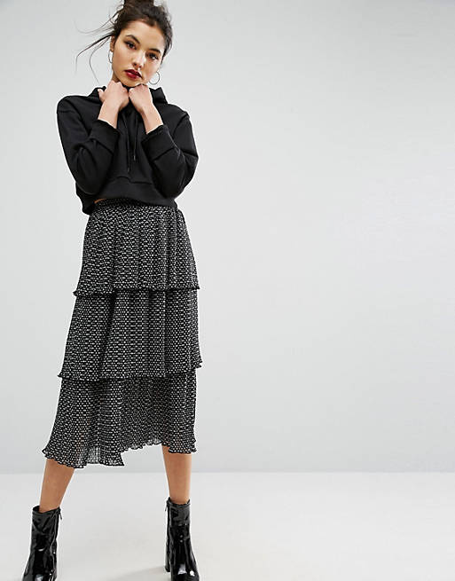 ASOS Midi Skirt with Pleated Tiers and Spot Print